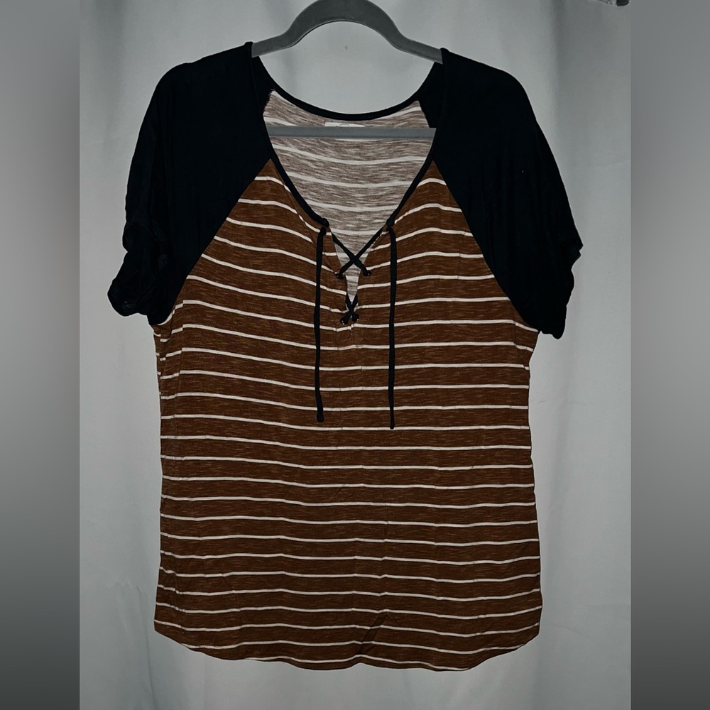 Varsity Striped Lace Up V Neck Tee